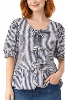 Japna Navy and White Striped Puff-Sleeve Tie-Front Peplum Blouse